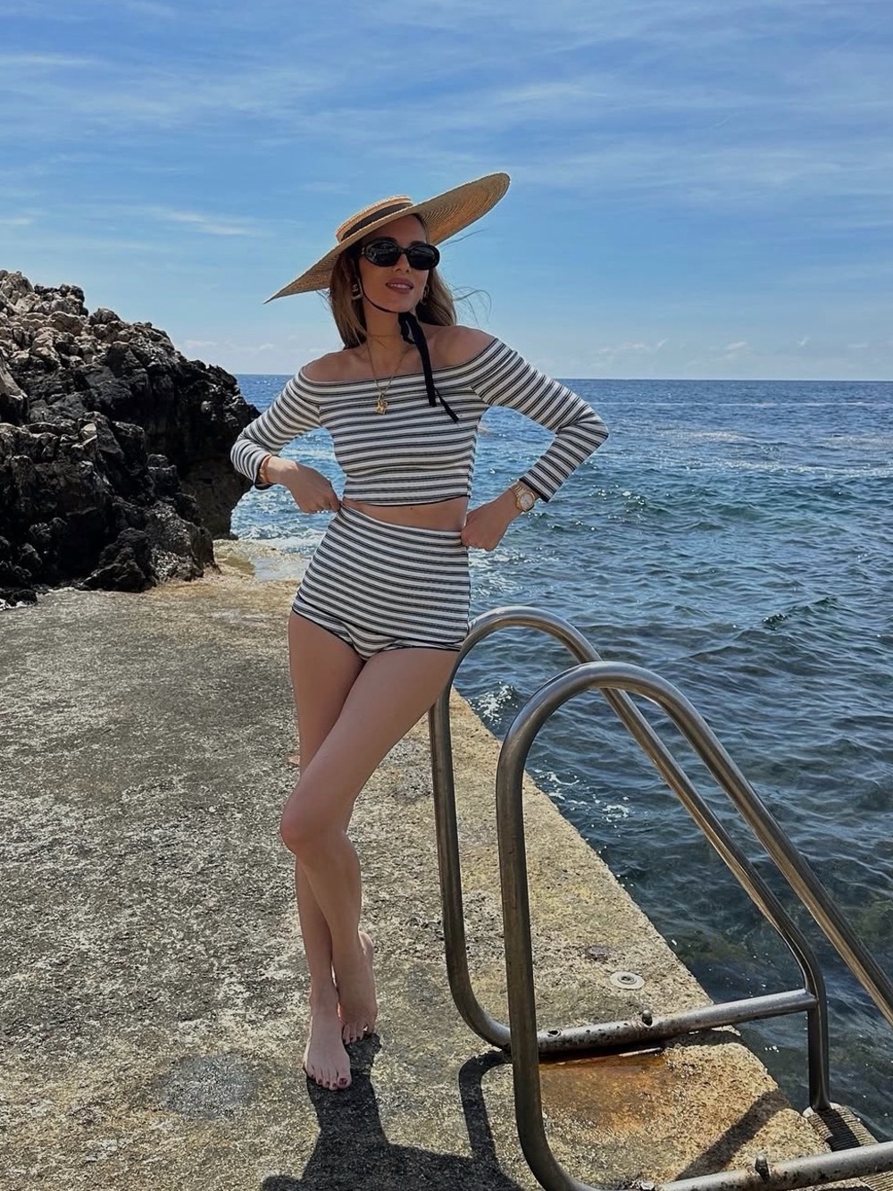 Zara White and Black Striped Off-Shoulder Crop Top and Mini Skort Set